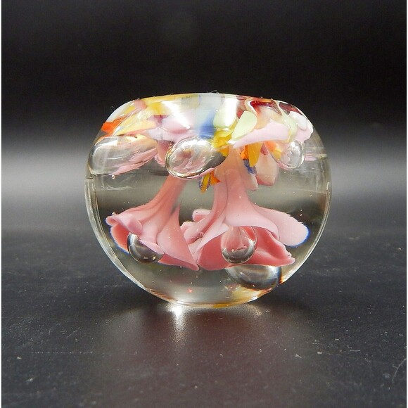 St Claire Art Glass Pink Trumpet Flower Paperweight Controlled Bubble Signed SIC - Picture 8 of 9